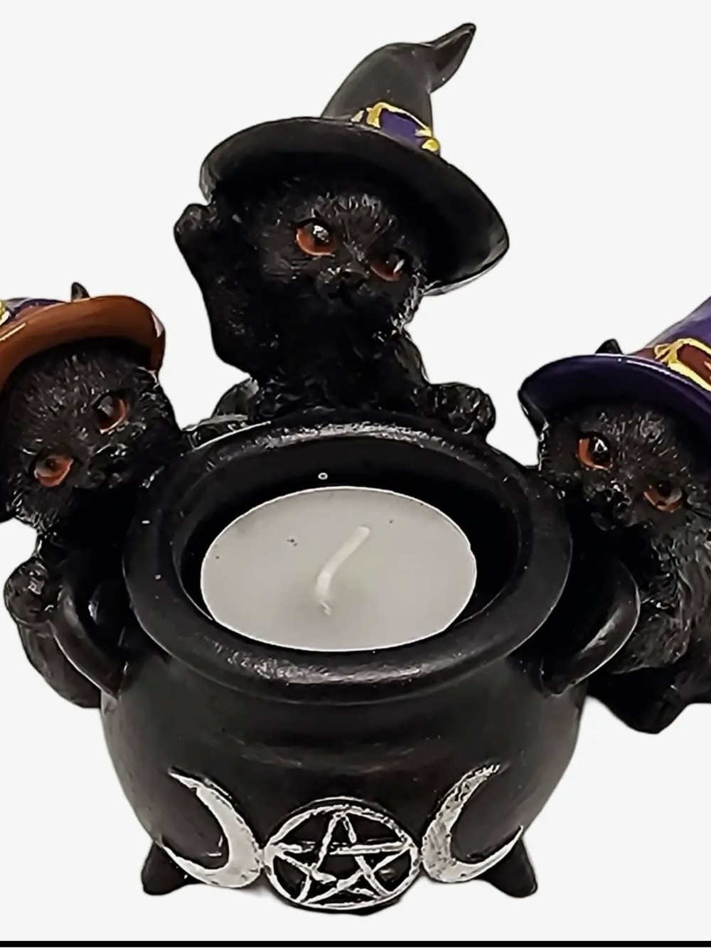 Black Witch Cat Cauldron Tea Light Holder - Unbranded
